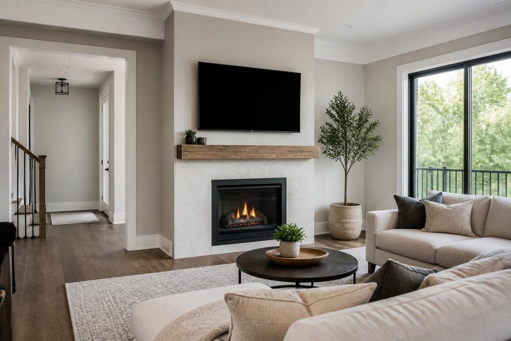 Finished living room with fresh paint and mounted television.